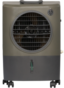 Portable air cooler with wheels and dial.