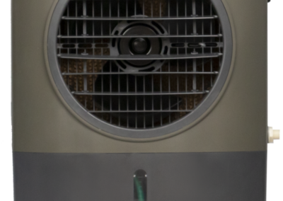 Portable air cooler with wheels and dial.