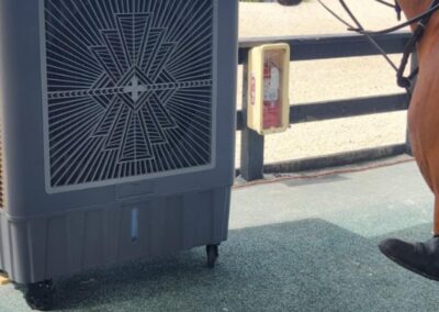 Horse standing near large outdoor air cooler