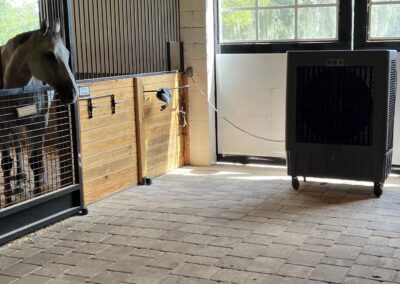 Horse in stable with portable cooler.