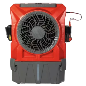 Red portable air cooler front view.